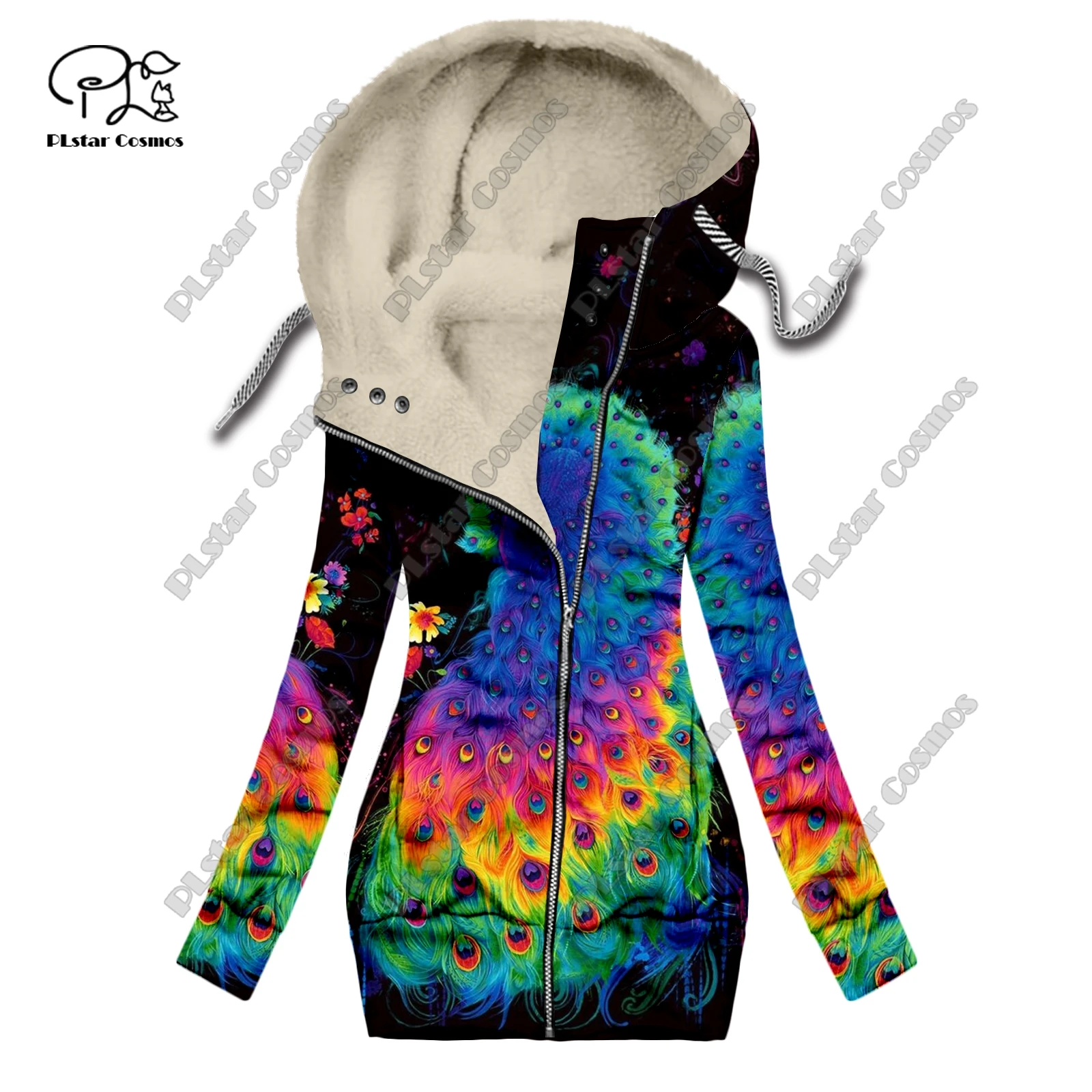 New 3D printing retro series floral and animal patterns plus velvet and warm women's long zipper sweatshirt casual winter L-20