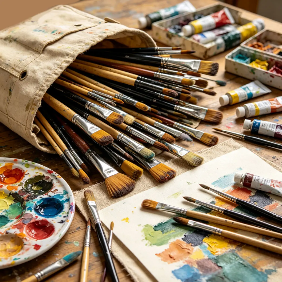 32Pcs Recycled Wood Handle Paintbrushes – Professional Acrylic/Watercolor Set with Gold Tips,  ZSY