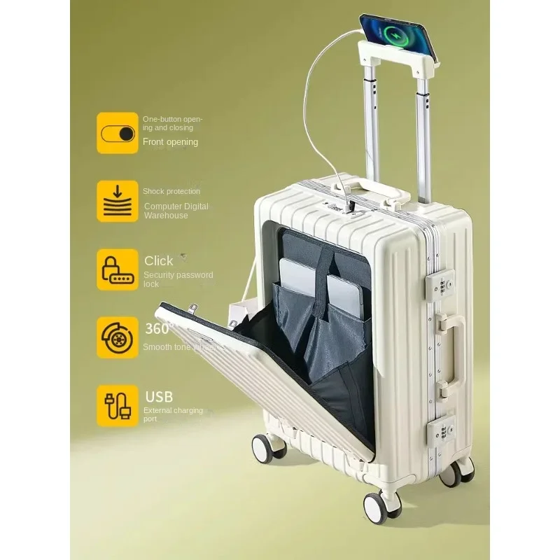 Luggage front open trolley case 20 inch boarding multi-functional suitcase male durable aluminum frame