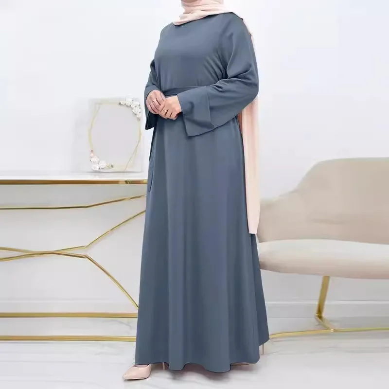 Vintage Spring Muslim Dress Malay Simple Solid Women Abaya O-neck with Belt Big Size Long Sleeves Robe Femme Loose Turkey Kaftan