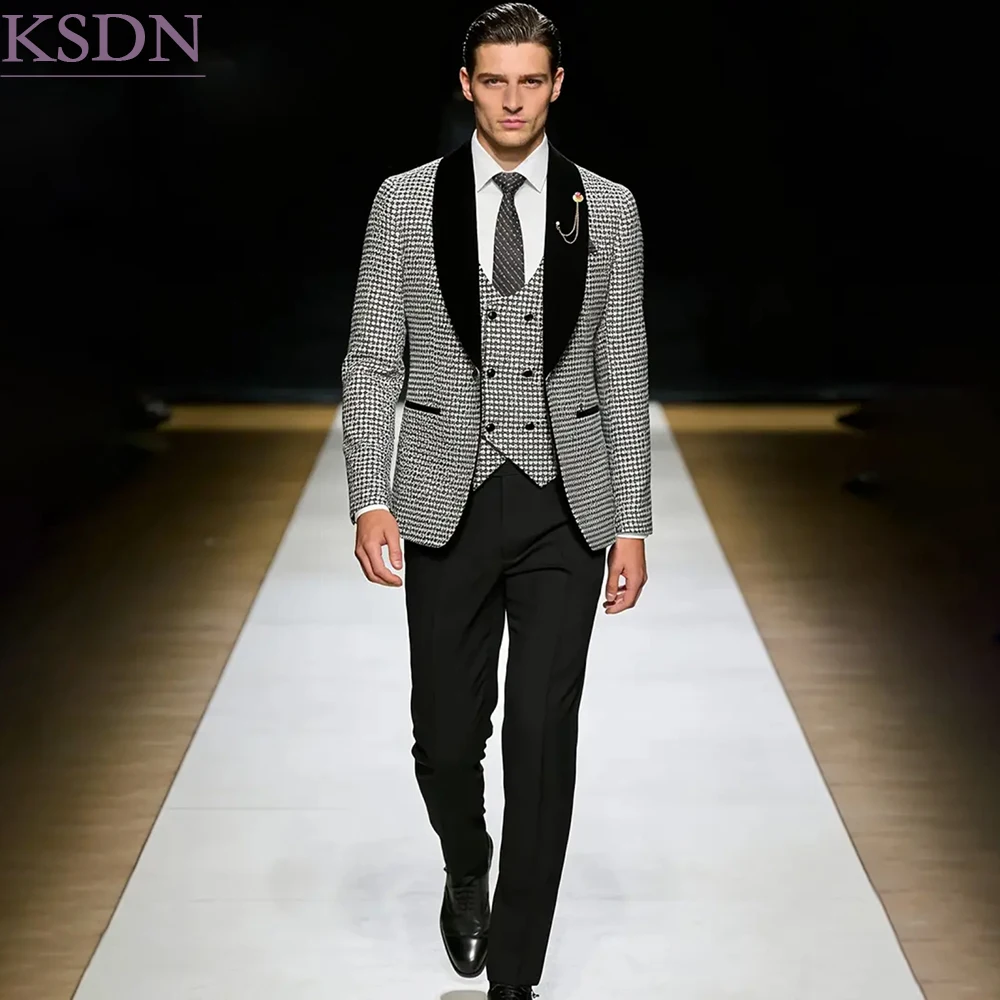 Houndstooth Men's Suits Formal Slim Fit Vintage Shawl Lapel Blazer Customized Elegant 3 Piece Jacket Pants Vest Full Sets Terno