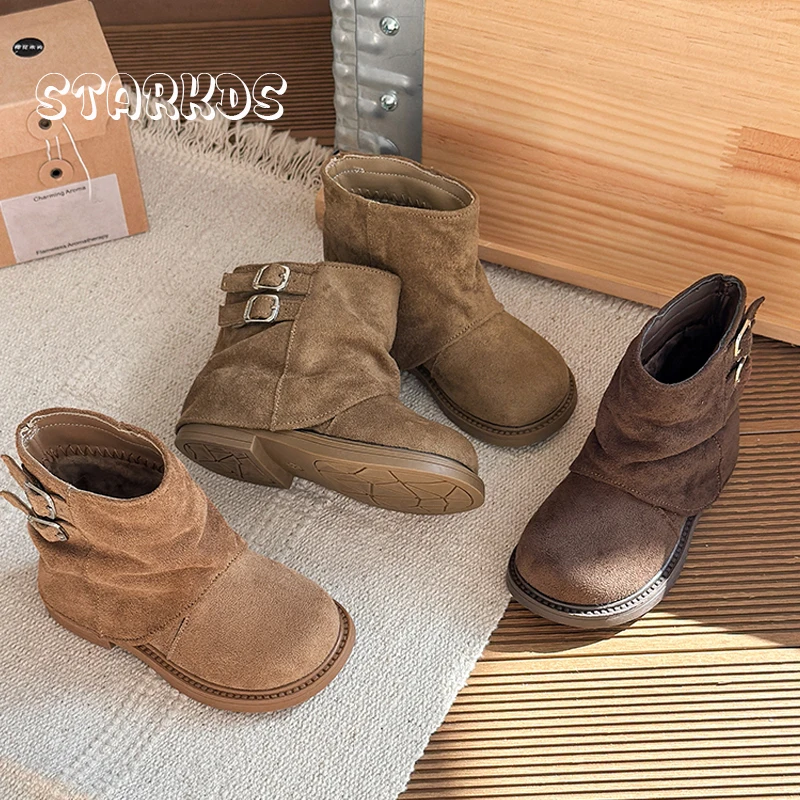 

Metal Buckle Mid-Calf Boots Kid Girl Slip-on Round Toe Thick Sole Combat Botas Baby Child Winter Warm Plush Flat Boot Shoes
