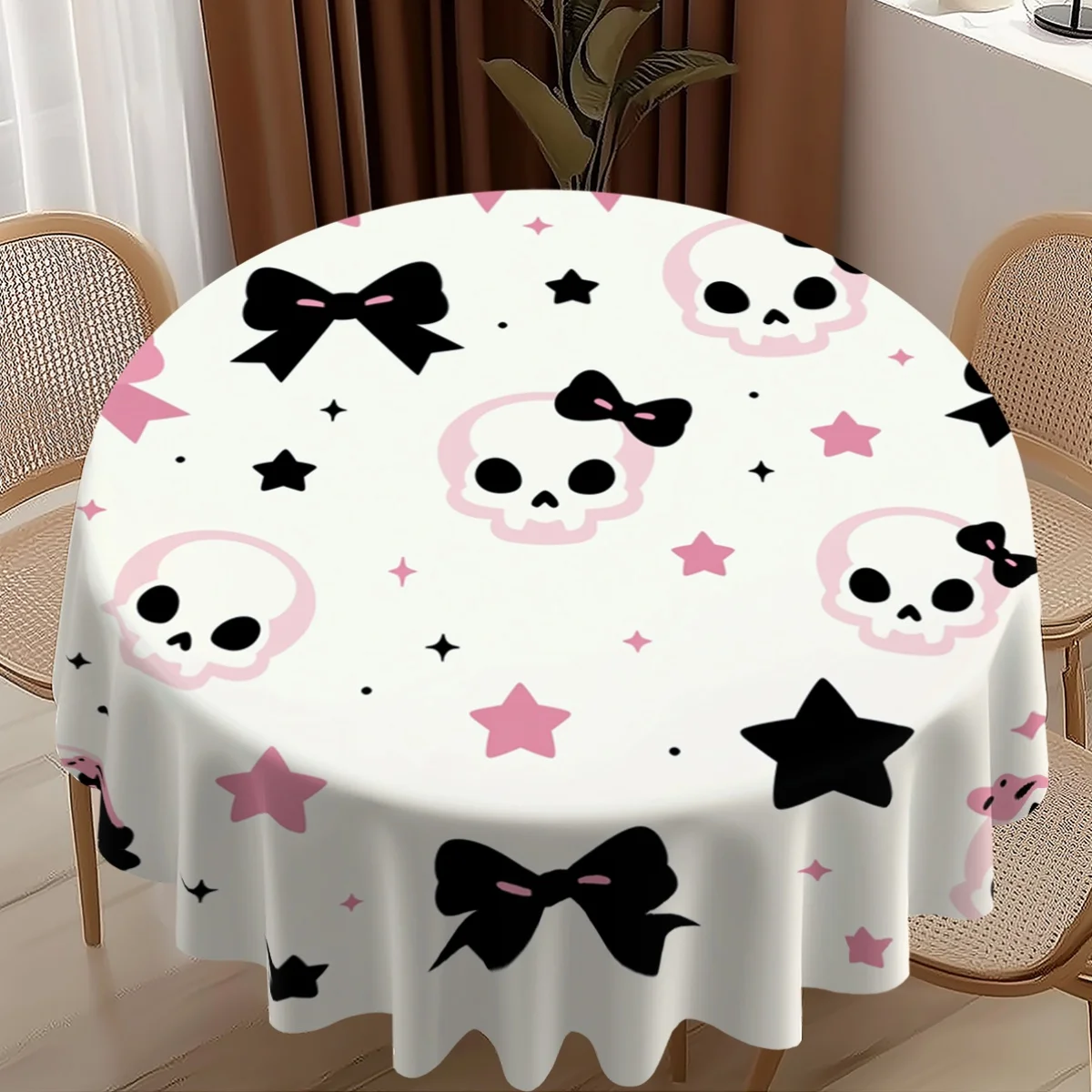 1pc Round Tablecloth, 2D Pattern Printed Round Tablecloth with Skull, Bow, Star Elements, Diameter 60Inch/152.4Cm Round