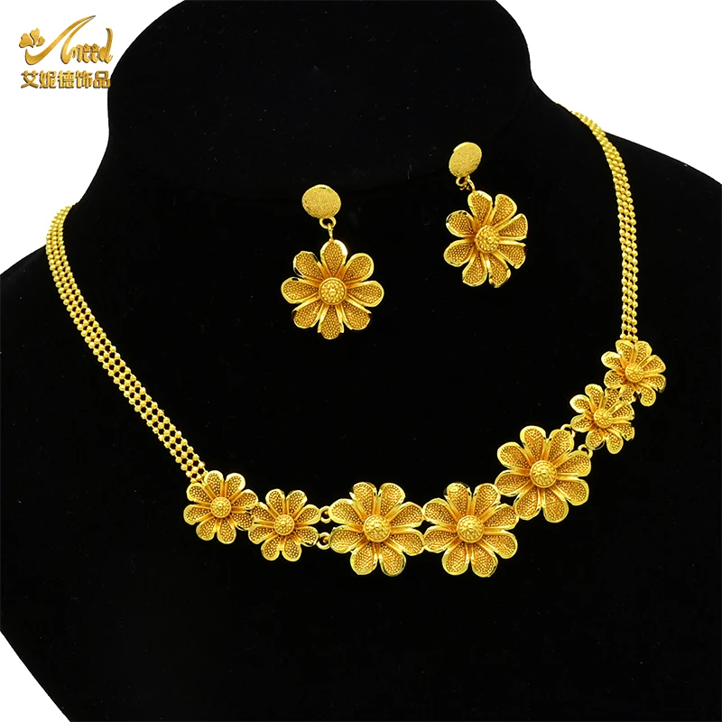 

ANIID Dubai African Luxury Golden Flower Necklace&Earrings Set Ethiopian Fashion Jewelry Sets Weddings Party Jewellery For Women