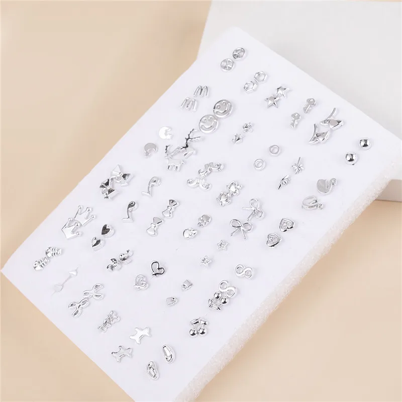 36Pairs Randomly Mixed Silver Color Stud Earrings Women Bowknot Crown Heart Small Plastic Earrings Sets For Girl Jewelry Gifts