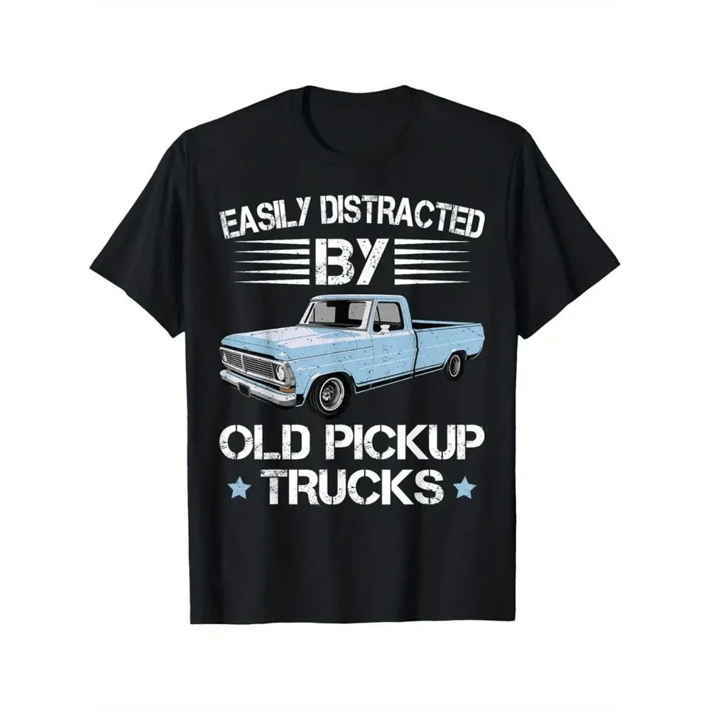 

1pc Men's Vintage Pickup Truck T-Shirt 100% Cotton Retro Semi-Truck & Trailer Graphic Short Sleeve Round Neck Casual Summer