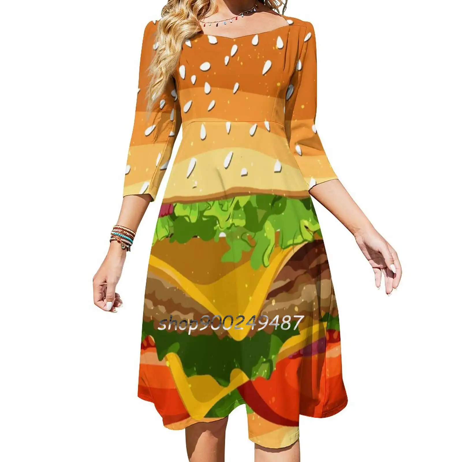 

Cheeseburger Pattern. Evening Party Dresses Midi Sexy Dress Female Sweet One Piece Dress Korean Pattern Hamburger Seamless