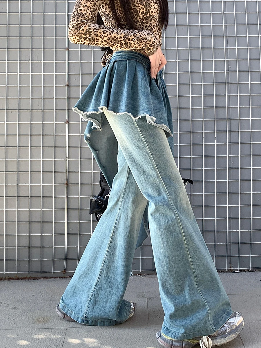 ReddaChic Tall Girl Y2k Skirt Overlay Flare Jeans Trailing Raw Edge Asymmetrical BootCut Wide Leg Pants Vintage Women Streetwear