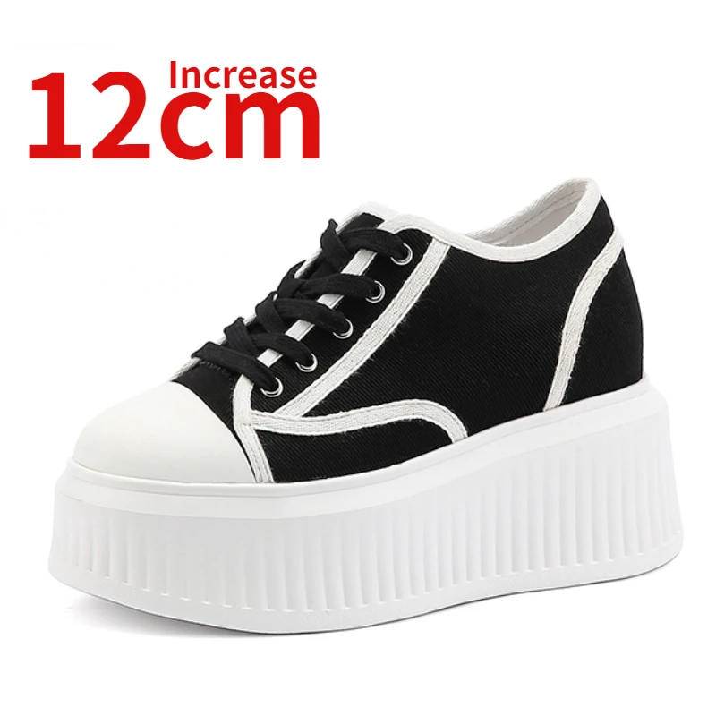 High Quality Canvas Shoes for Women 12cm Invisible Inner Height Increase Shoe Genuine Leather Casual Thick Platform Shoes Female