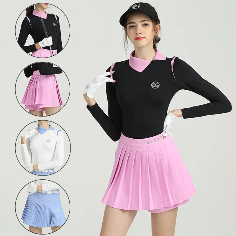 

Blktee Ladies Slim Patchwork Golf T-shirt Full Sleeve Shirt Women Breathable A-line Golf Skirt High Waist Soft Culottes Suits