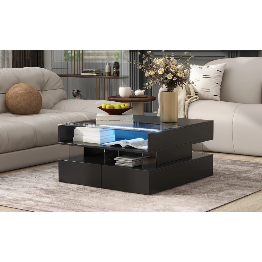 โต๊ะกาแฟลิฟท์ท็อป 2 ลิ้นชัก โต๊ะกาแฟทรงสี่เหลี่ยมทันสมัยพร้อมท็อปกระจกสำหรับห้องนั่งเล่น