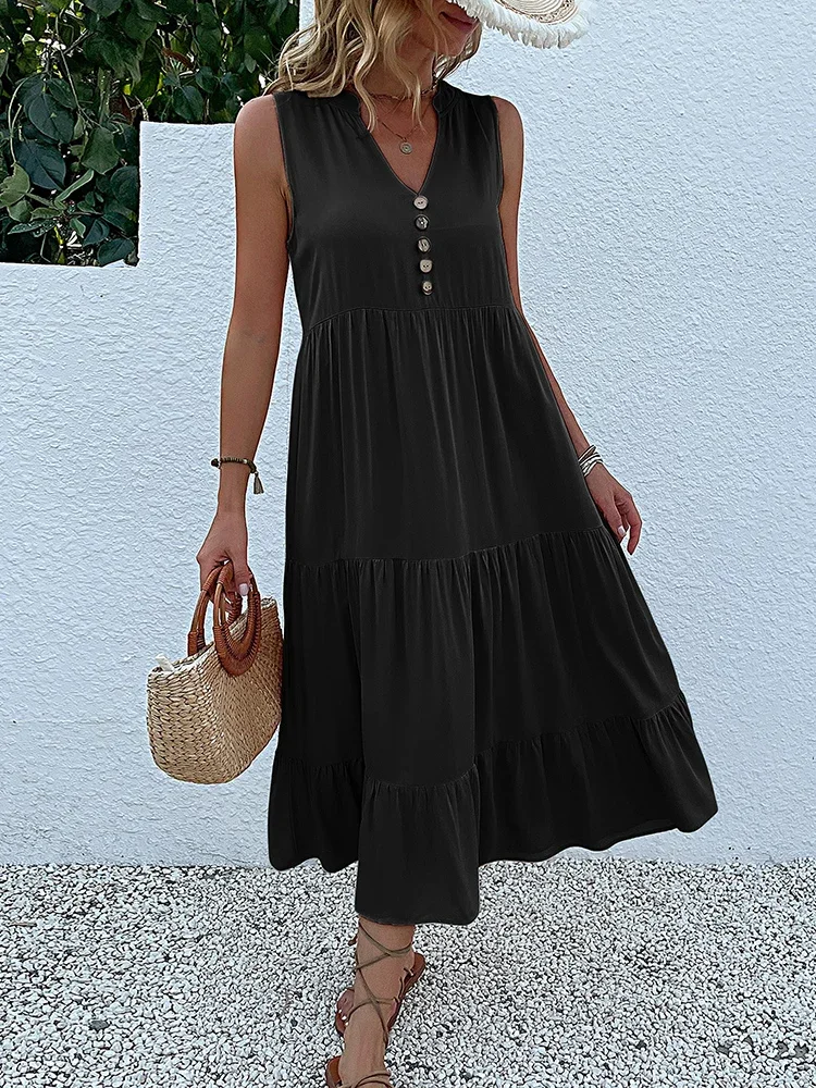 Casual Summer  Women Sleeveless Tank V Neck Buttons Ruffle Loose Dresses Beach Soild Sundress Fashion