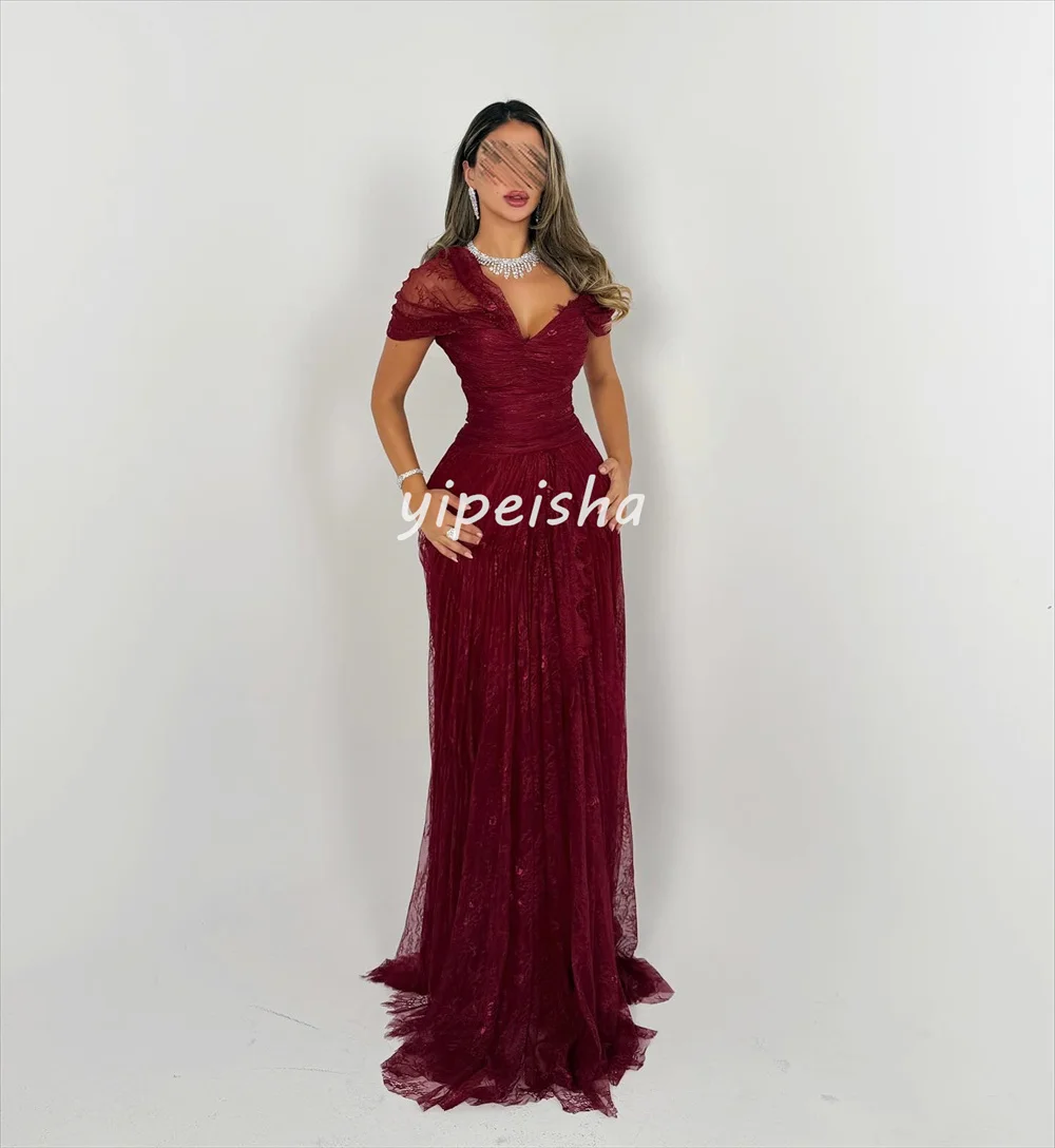 Customized Sexy Exquisite Lace Pleat Ruched A-line Off-the-shoulder Long Dresses Bespoke Occasion Dresses Sizes Available Casual