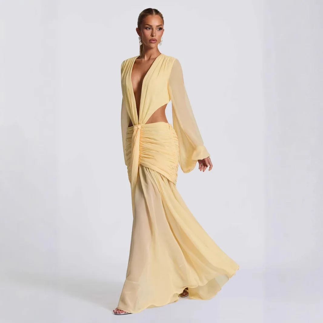 2025 Vestido de gasa para mujer con mangas transparentes, Vestido largo de manga larga calado de Color sólido a la moda sin espalda Sexy Vestido de mujer