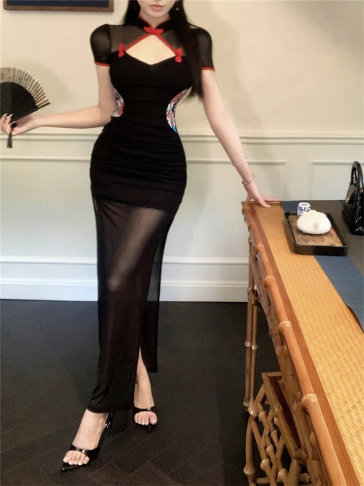 New Chinese Style Sheer Mesh Patchwork Black Red Cheongsam Dress High Split Short Sleeve Stand Collar Elegant Pencil Qipao Dress