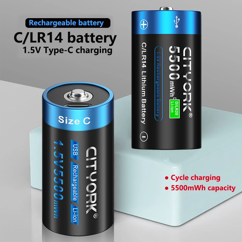 CITYORK 1.5V C Size Rechargeable Battery Type-c USB Charging LR14 R14 Li-ion Batteries  for Flashlight Gas Cooker 100% Original