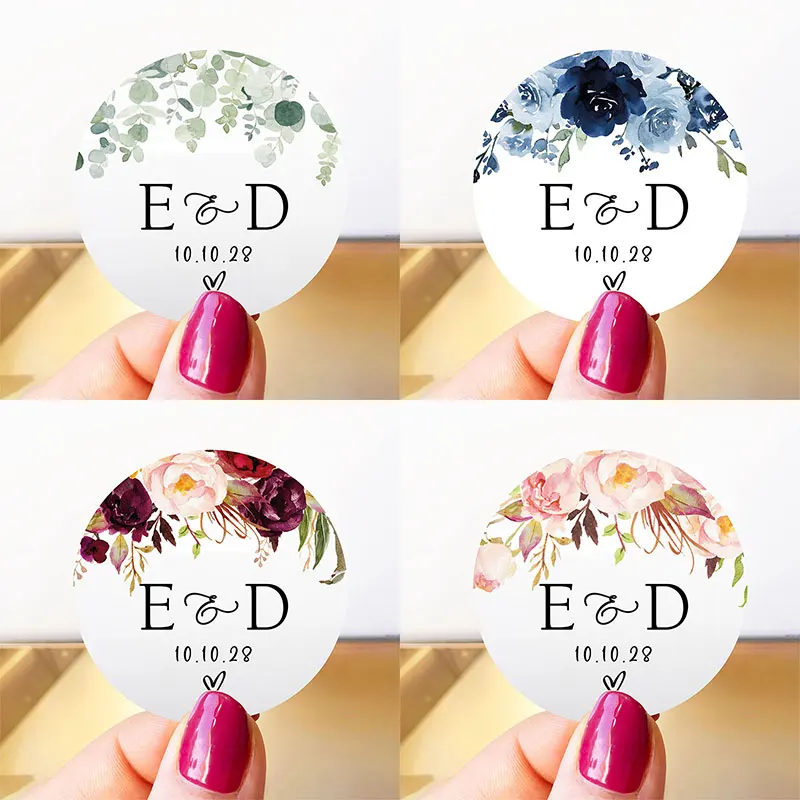 

Personalized Floral Monogram Wedding Stickers Custom Elegant Favor Labels Round Envelope Seal Stickers