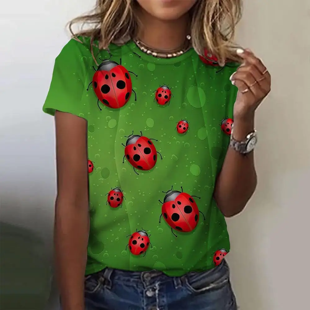 Summer Ladybug Floral 3D Print T-shirts Women Streetwear Casual Fashion Y2k Short Sleeve T Shirt O-neck Tees Tops Clothing