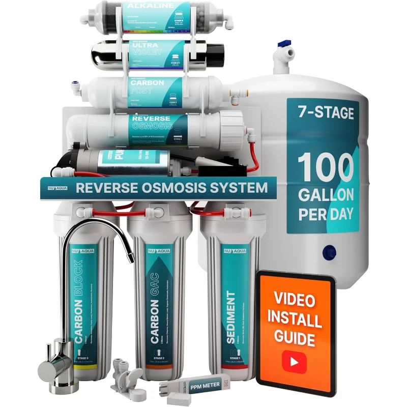 

NU Aqua 7-ступенчатая система фильтрации воды под раковиной и обратным осмосом — бустерный насос — RO-фильтрация 100 GPD