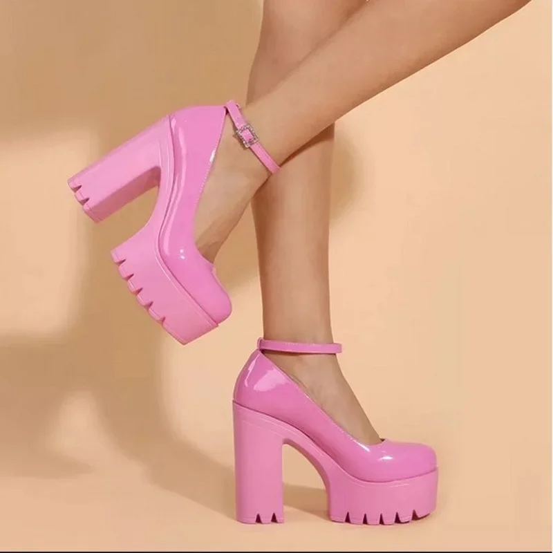 Roze Chunky Hakken Enkelbandje Pompen Zoete Platform Vierkante Hak Vrouw Hoge Hakken Pompen Platform Schoenen 2022 Lente Vrouw Schoenen