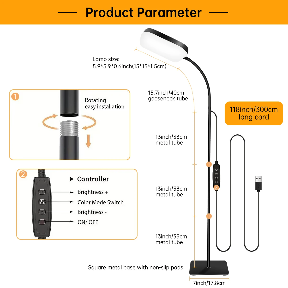 مصباح أرضي 18 وات مع تحكم باللمس، سطوع قابل للتعديل 360 درجة °   مصابيح أرضية LED معقوفة للعناية بالعين لغرفة المعيشة