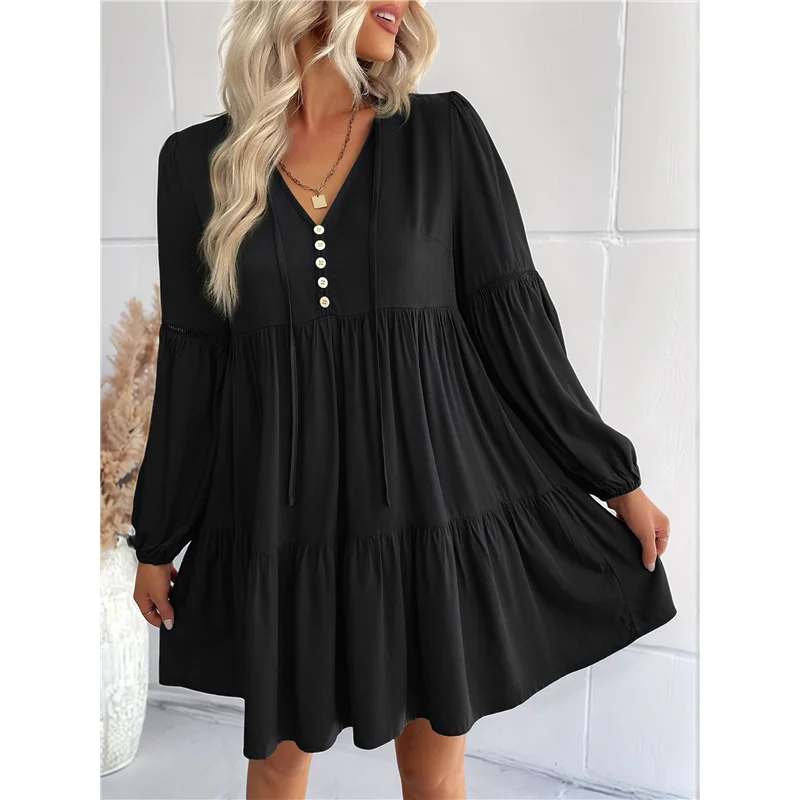 ABRT-Vestidos curtos de manga comprida para mulheres com decote em V outono casual solto ajuste flowy balanço em camadas vestido boho de férias