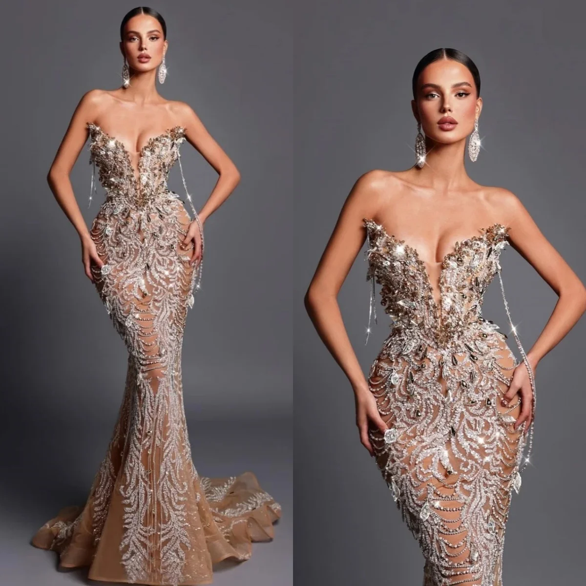 

Fashion Strapless Sequined Prom Dresses Elegant Beaded Sleeveless Evening Dress Floor Length Crystal Party Gown Customized