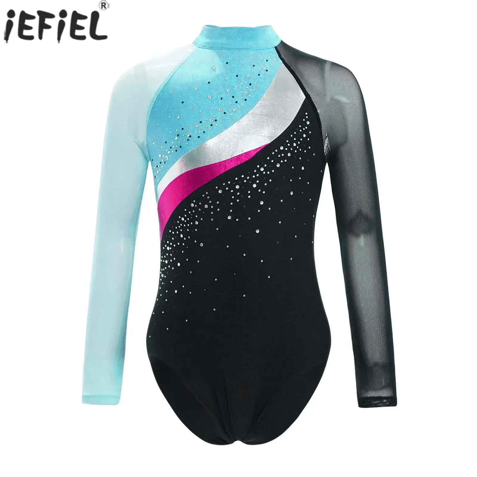 

Kids Girls Ballet Dance Leotard Figure Skating Gymnastics Performance Costume Shiny Rhinestones Sheer Mesh Long Sleeve Dancewear