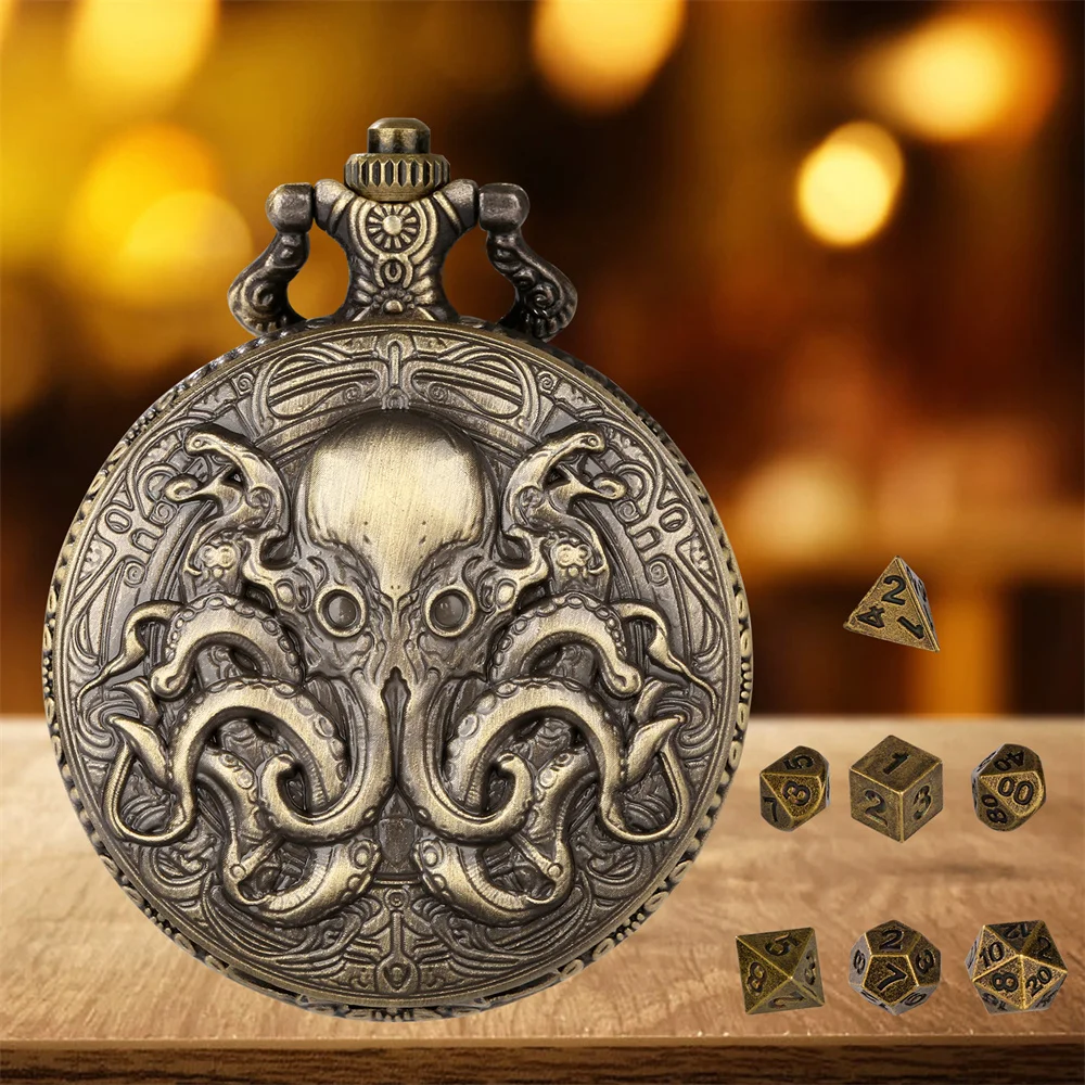 Bronze/Grey Black Alloy Metal Octopus Full Hunter Pocket Watch Case Fob Chain Pendant with 7pcs/set Mini Polygon Game Dices Gift