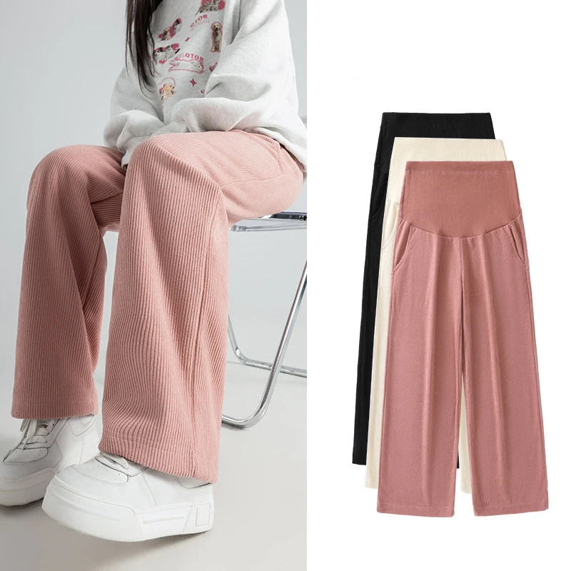 Autumn Winter Maternity Belly Pants Warmth Corduroy High Waist Pregnant Woman Woolen Trousers Loose Pregnancy Clothes