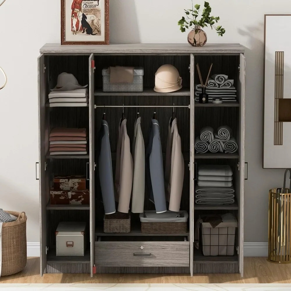 

4-Door Gray Wardrobe with Middle Hanging Clothes Area and 8 Shelves - Perfect for Bedroom Organization