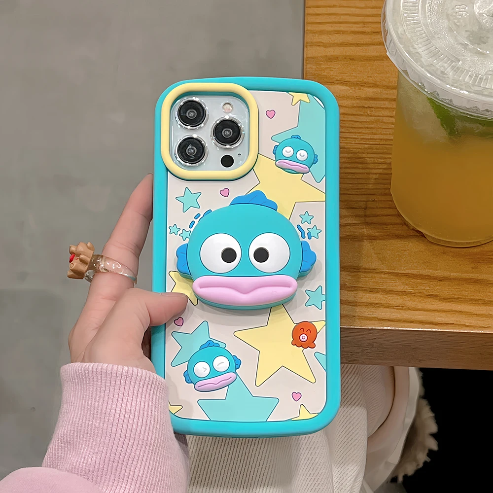 3D Cartoon Sanrios Hangyodon Telescopic Bracket Phone Case for IPhone 15 14 13 12 11 Pro Max Soft Silicone Back Cover Gift