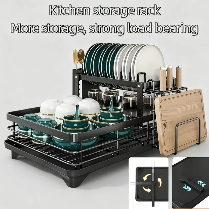 Estante de vajilla para cocina con bandeja de drenaje, tubo de drenaje telescópico, portavasos, soporte para tenedor, estante de almacenamiento de cocina multifuncional