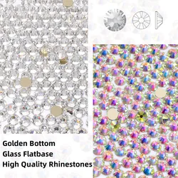 SS3-SS60 All Size Golden Bottom Glass Round Rhinestones Flatbase Non Hotfix Crystal For Nail Art Charms Wedding Dress Decoration