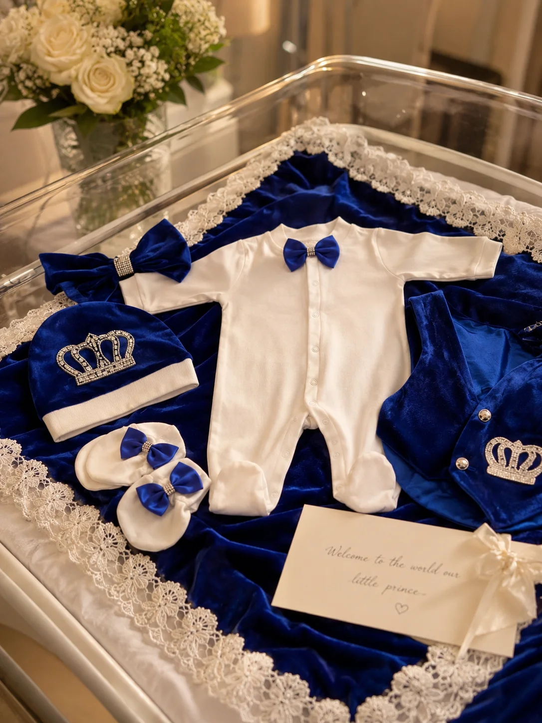 European Court Style Baby Boy 5Pcs Formal Suit Royal Blue Velvet Rhinestone Crown Footed Onesie Hat Gloves For Baby Shower Party