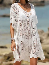 Sexy Knitted Hollow Out Beach Cover Up Midi Dress for Women Solid Sheer Mesh Tunic Ladies Outfits 2023 Summer Bikini Cover-ups