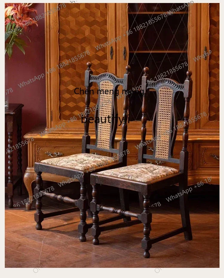 P178 Medieval style solid wood dining chair American hand-carved fabric office dressing leisure chair