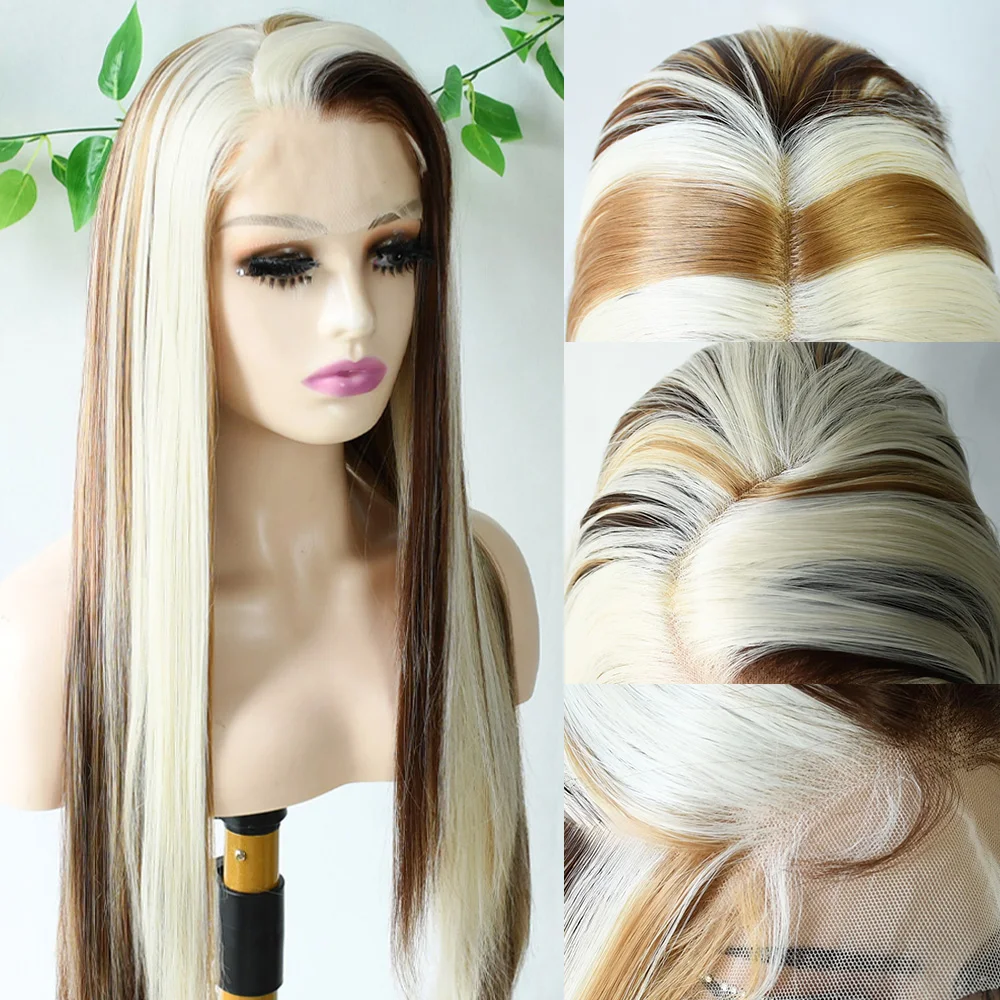 

13x4 Bone Straight Lace Front Wig Ombre Brown Blonde Highlight Synthetic HD Lace Wig Glueless Preplucked Daily Use Party