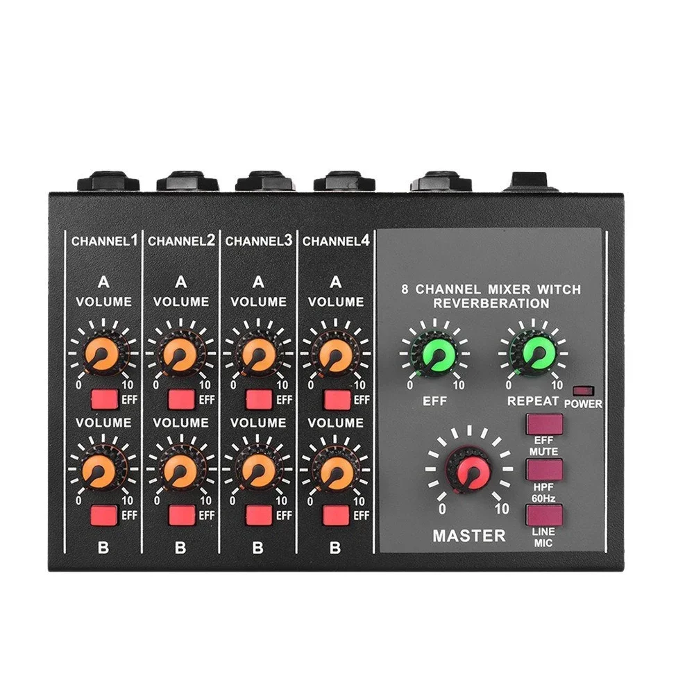 8 Channel Mixer Compact Size Mono/Stereo Audio Sound Mixer 8-channel with Reverberation Function 60Hz Frequency Cutting AM-428A