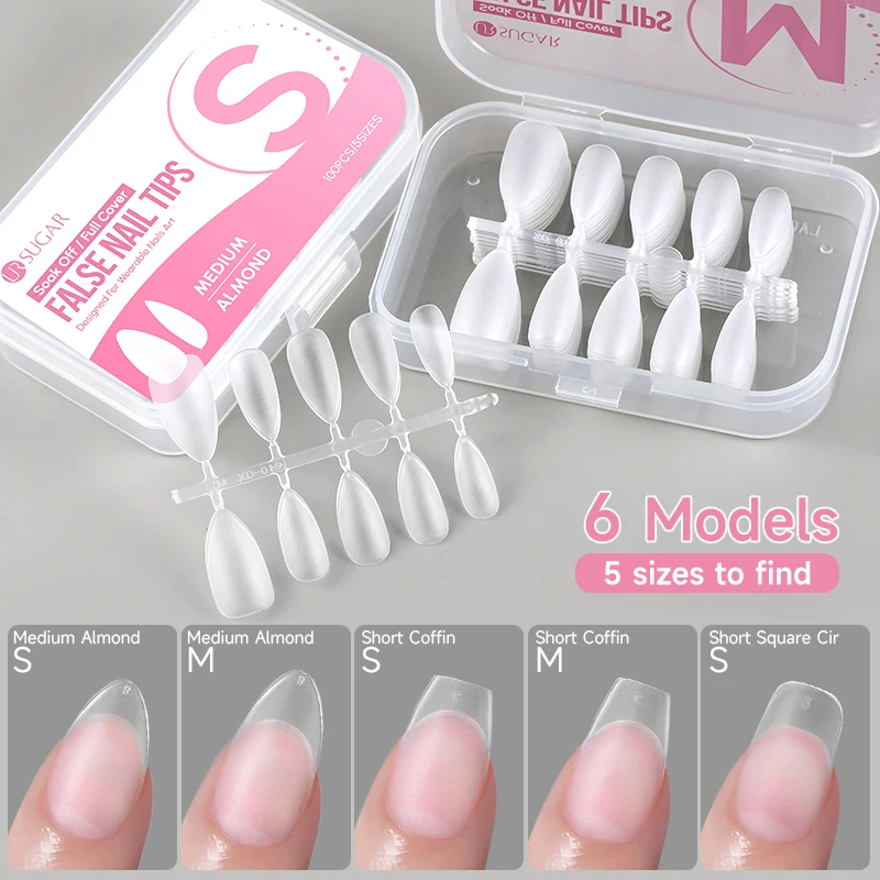 UR SUGAR 100pcs Almond-Shaped Matte Transparent Acrylic False Nail Tips for Nail Extensions Soft Gel Tips Manicure Tools