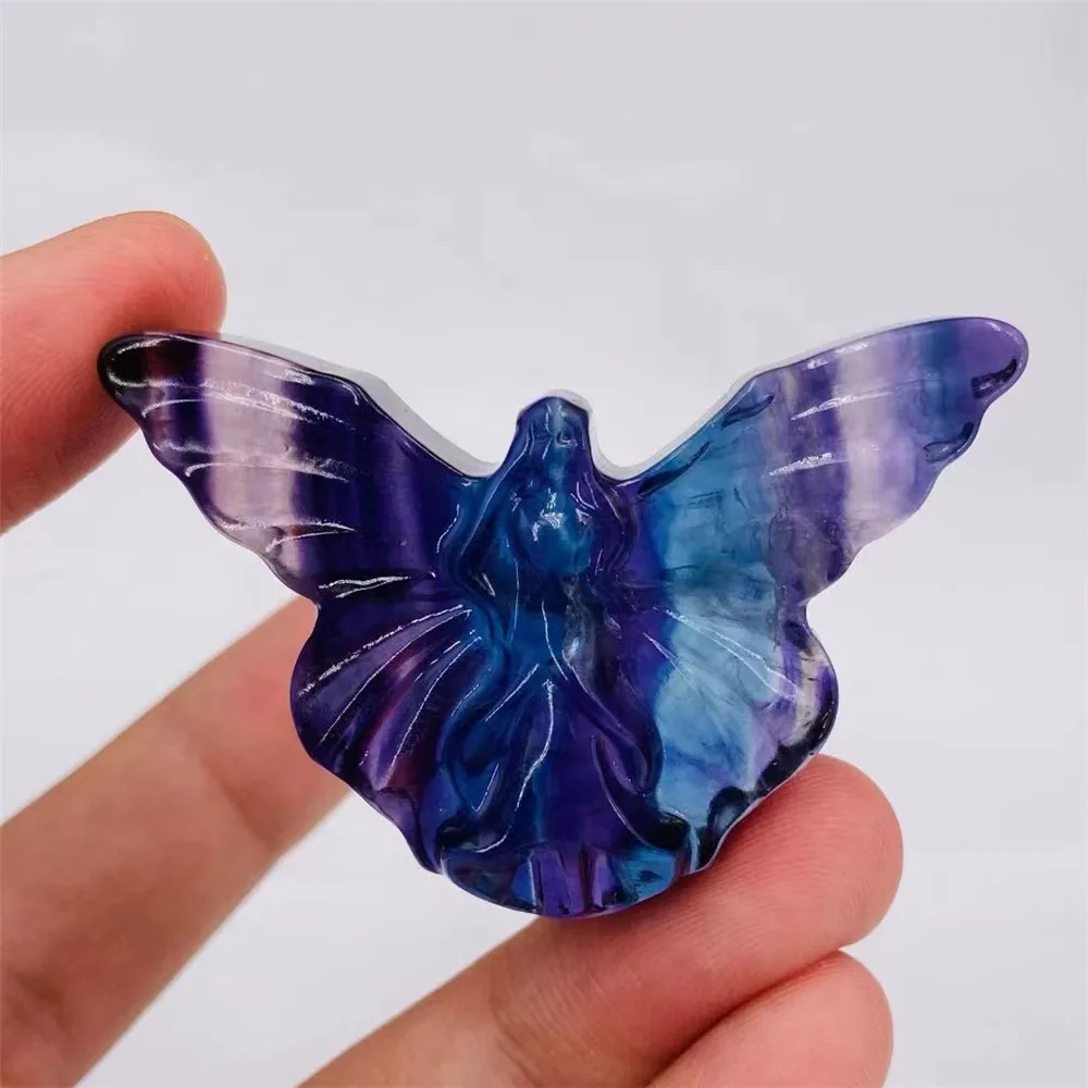 1pcsNatural قوس قزح فلوريت تمثال ملاك نحت الكريستال فراشة الجنية تمثال بلورات استشفاء هدايا ديكور المنزل مجوهرات