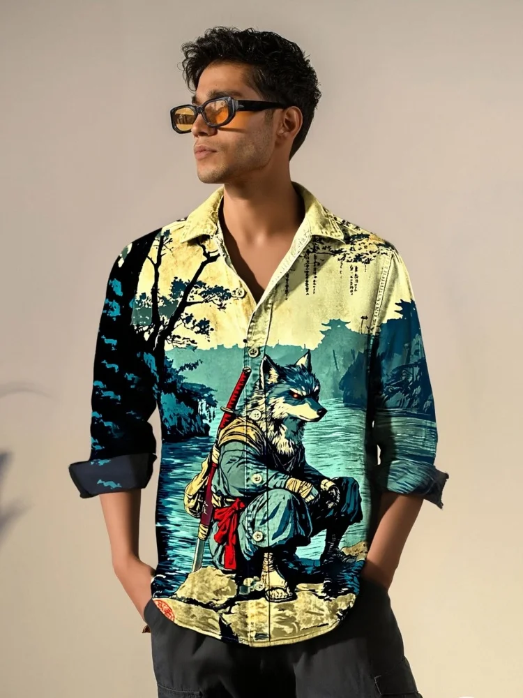 

Праздничные блузки в стиле ретро, мужские забавные рубашки с длинными рукавами и принтом выдры воина, модные винтажные топы с воротником с лацканами, туники большого размера