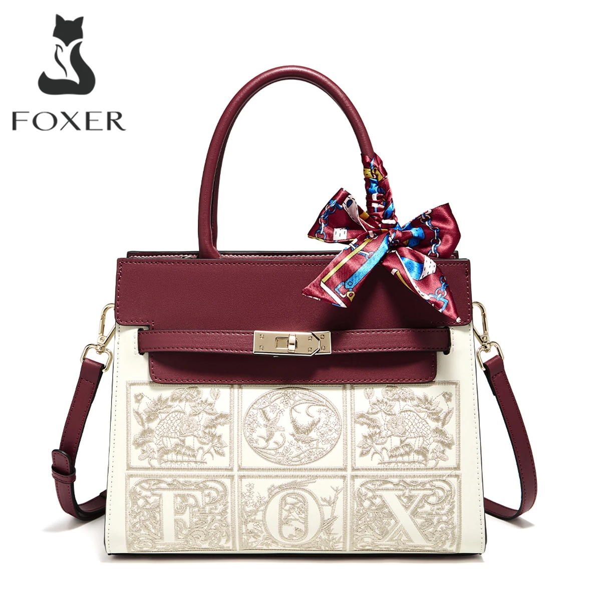 

FOXER Elegant Women's Handbag Split Leather Chinese Style Embroidery Handbag Fashion Female Shoulder Bag Best Gift for Mom,Wife