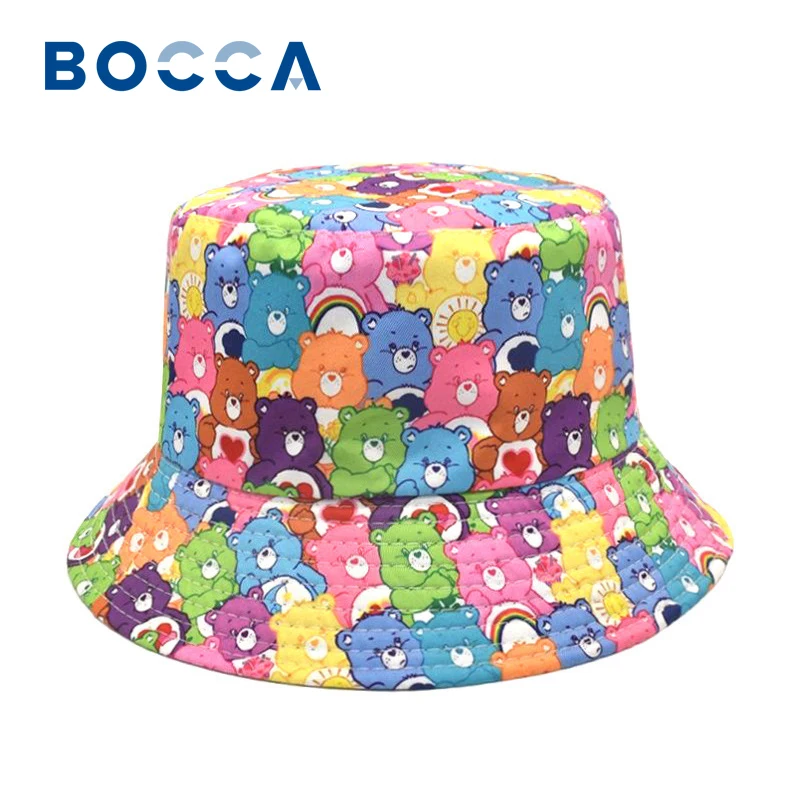 Bocca Cartoon Bear Bucket Hat Colorful Cute Pattern Printing Fisherman Hats Double Sides Panama Cap For Men Women Outdoor Travel