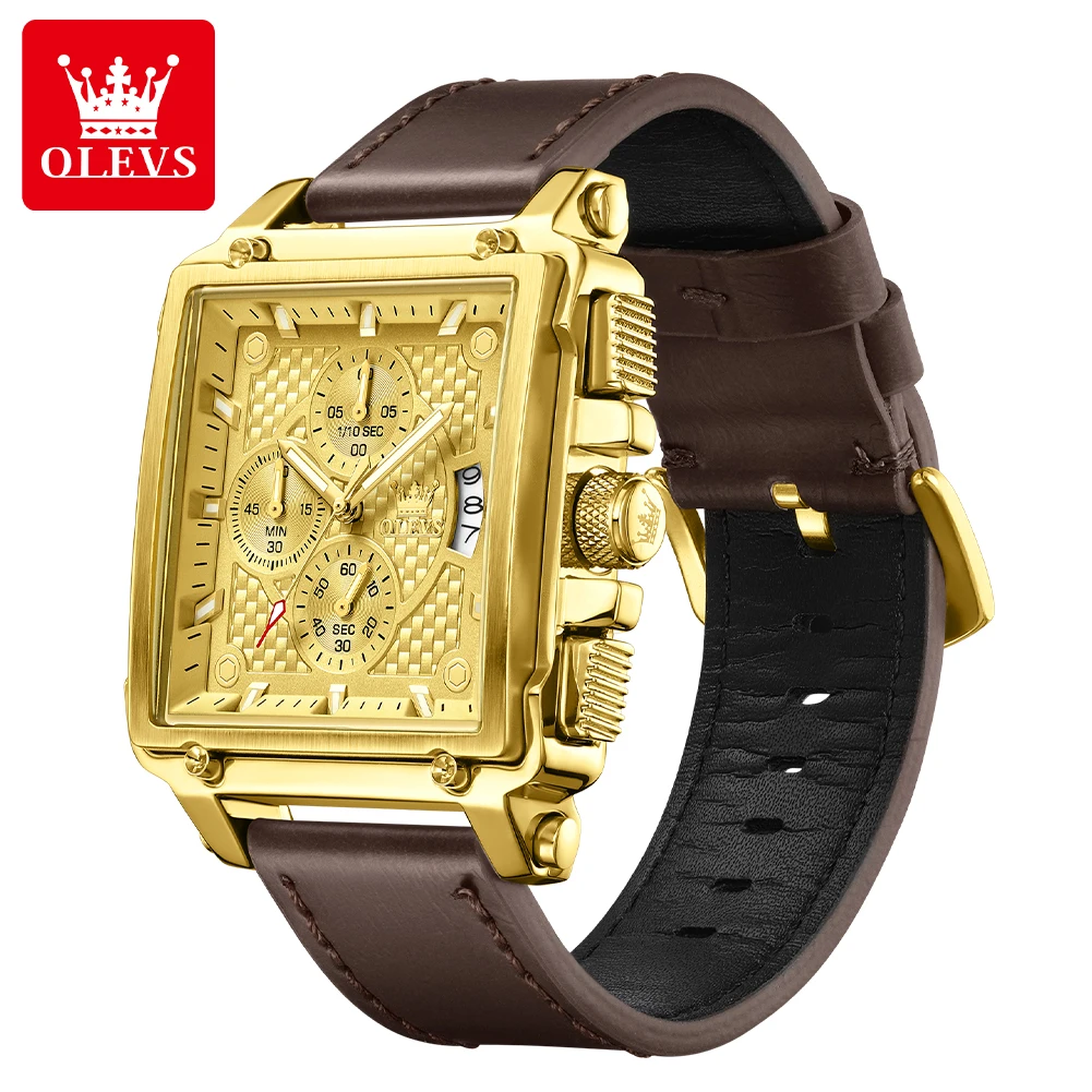 

OLEVS 9925 Men's Watches Leather Strap Waterproof Chronograph Date High Quality Quartz Watch for Men 45mm Big Dial