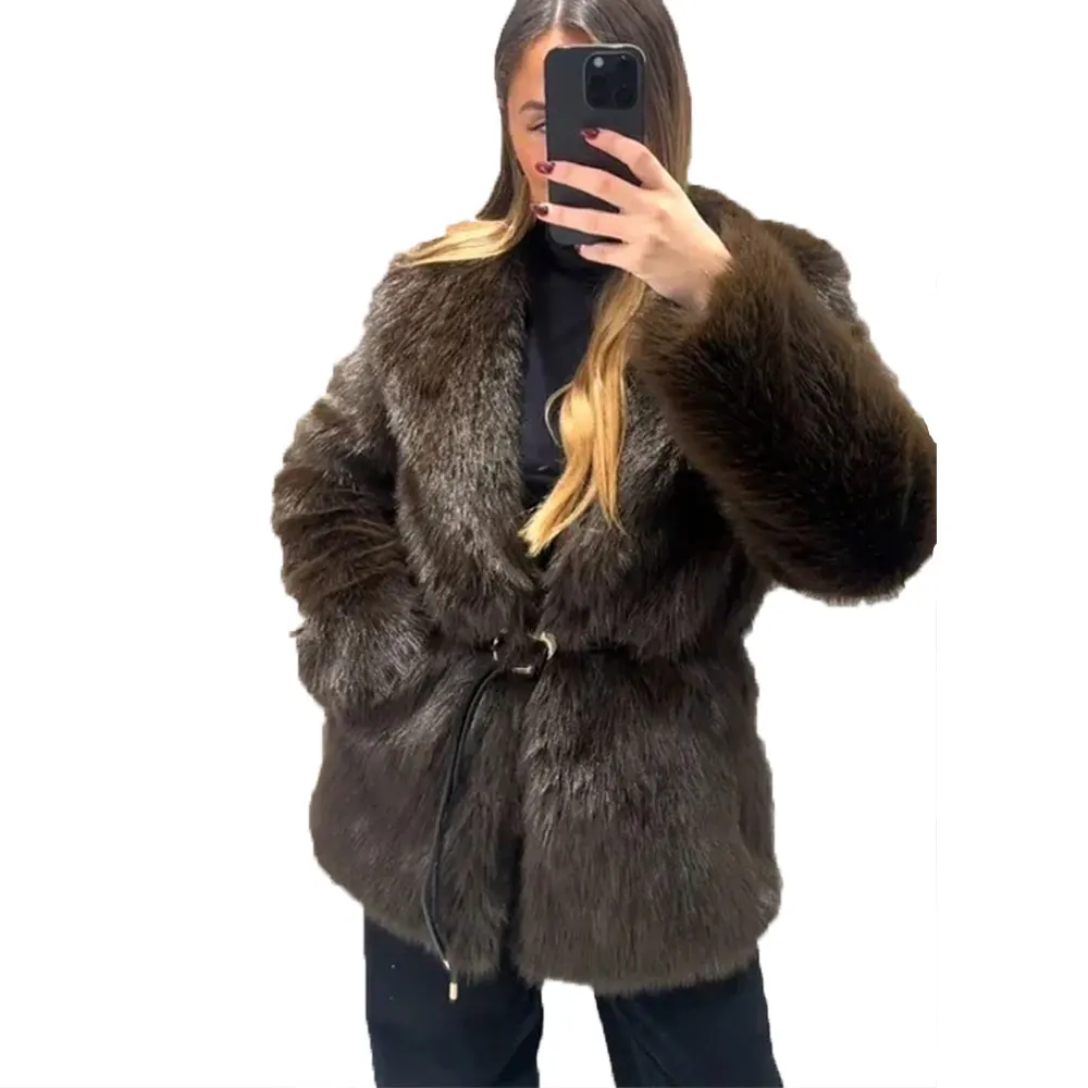Long Fluffy Faux Fur Coat Women 2025 Winter Thicken Warm Lapel Fox Fur Collar Furry Jacket Large Size Overcoat