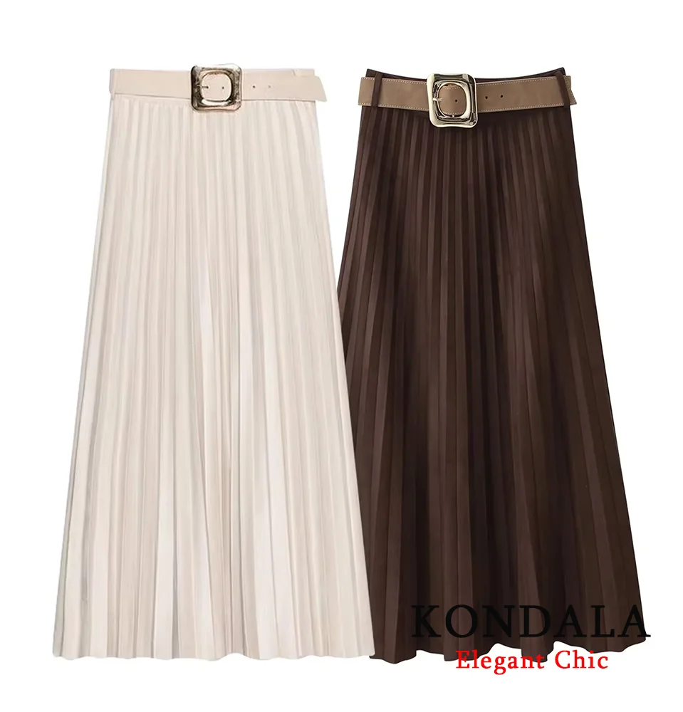 

KONDALA Women Elegant Chic Brown Beige Skirt Belt Long Straight Folds Skirt 2025 New Spring Autumn Fashion Commute Mujer Skirt