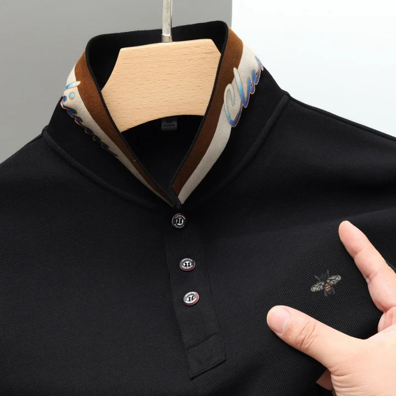 قميص بولو رجالي فاخر أصلي بأكمام طويلة مع تطريز النحل من القماش الناعم بأزرار أمامية مفتوحة على الطراز البريطاني ملابس رجالية #3