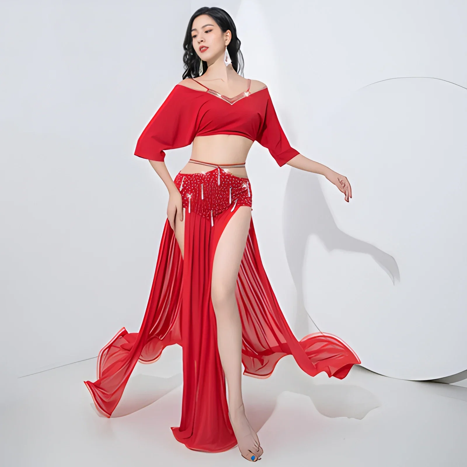 Group Dance Clothes Practice Suit Belly Dance Costume Set Drilling Hot Ruffle Long Skirt with Pearls Pendant