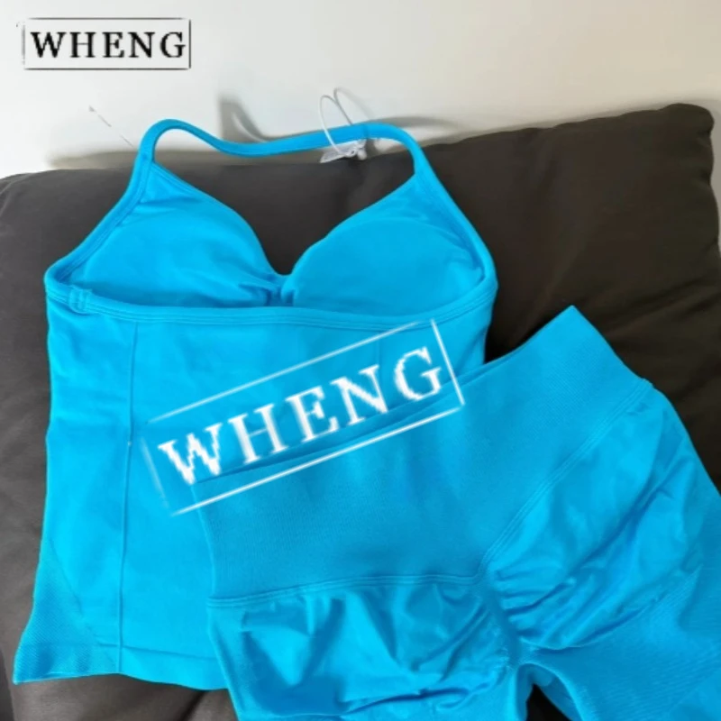

WHENG 2Pcs Seamless Yoga Set Women Padded Halter Tank Top Scrunch Butt Lifting Gym Shorts Set Summer Sportswear Workout Clothes